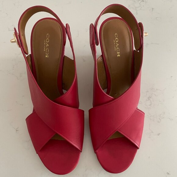 Coach Rosanne Wedge Manmade Cross Strap Sandal Turnlock Gold Hard Red Brown 9.5B - Picture 13 of 13